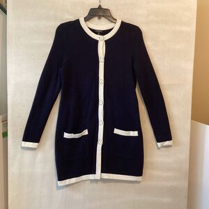 talbots long duster cardigan sweater small black & ivory trim pockets